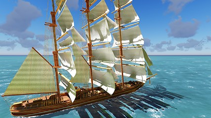 Image showing Pirate brigantine at sea