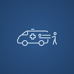 Image showing Man with patient and ambulance car line icon.