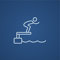 Image showing Swimmer jumping from starting block in pool line icon.