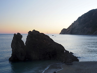 Image showing rock small island outcropping  beach Monterosso Italy resort Eur