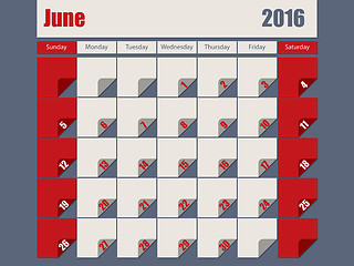 Image showing Gray Red colored 2016 june calendar