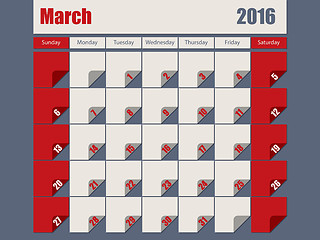 Image showing Gray Red colored 2016 march calendar
