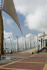 Image showing walkway bridge with symbol poles malecon 2000 guayaquil boardwal