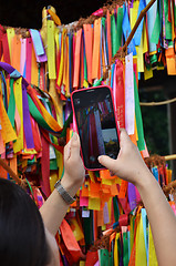 Image showing Blessing ribbons hang outside in Kek Lok Si, Penang