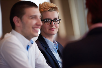 Image showing business people group on meeting at modern bright office