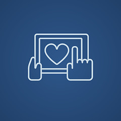 Image showing Hands holding tablet with heart sign line icon.