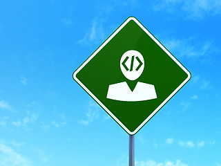 Image showing Programming concept: Programmer on road sign background