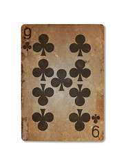 Image showing Very old playing card, nine of clubs