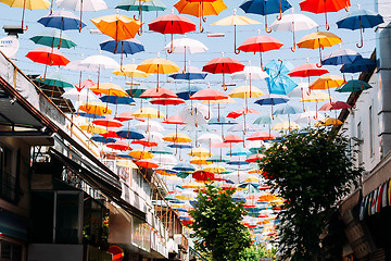 Image showing Umbrellas in the sky of Antalya, as a city tourist attraction.