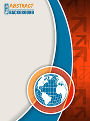 Image showing Orange blue brochure with arrows and globe