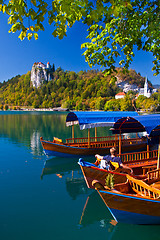 Image showing Traditional wooden boats on lake Bled.