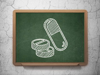 Image showing Medicine concept: Pills on chalkboard background