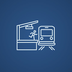 Image showing Latecomer man running along the platform to reach train line icon.