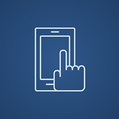Image showing Finger pointing at smart phone line icon.