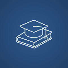 Image showing Graduation cap laying on book line icon.