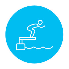 Image showing Swimmer jumping from starting block in pool line icon.