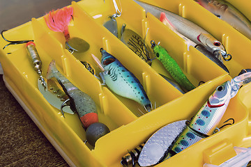 Image showing Fishing tackle: a set of spoons in the container.