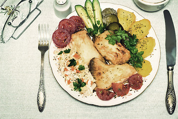 Image showing Baked fish and vegetables . The view from the top.