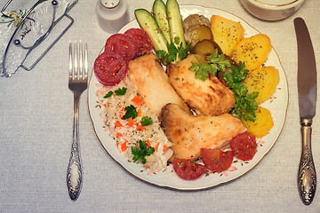 Image showing Baked fish and vegetables . The view from the top.