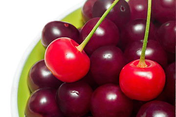 Image showing Delicious ripe cherries in a ceramic vase