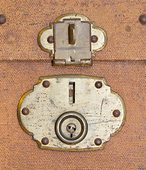 Image showing Old canvas trunk lock close up