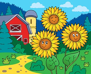 Image showing Sunflowers near farm