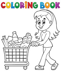 Image showing Coloring book woman with shopping cart