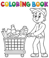 Image showing Coloring book man with shopping cart