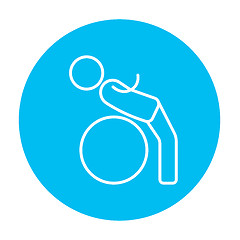 Image showing Man doing exercises lying on gym ball line icon.