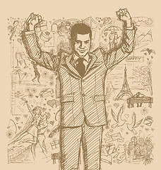 Image showing Sketch Businessman With Hands Up Against Love Story Background