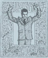 Image showing Sketch Businessman With Hands Up Against Love Story Background