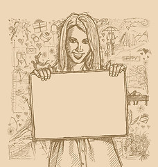 Image showing Sketch Happy Woman Holding Blank White Card Against Love Story B