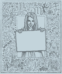 Image showing Sketch Happy Woman Holding Blank White Card Against Love Story B