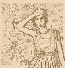 Image showing Sketch Surprised Girl Looking For Something Against Love Story B