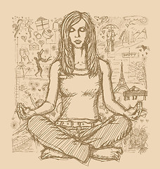 Image showing Sketch Woman Meditation In Lotus Pose Against Love Story Backgro