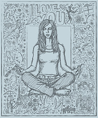 Image showing Sketch Woman Meditation In Lotus Pose Against Love Story Backgro