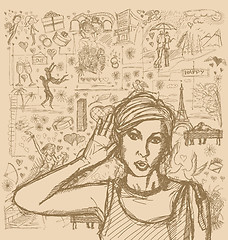 Image showing Sketch Woman Overhearing Something Against Love Story Background