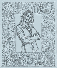 Image showing Sketch Woman With Crossed Hands Against Love Story Background