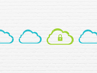 Image showing Cloud technology concept: cloud with padlock icon on wall background