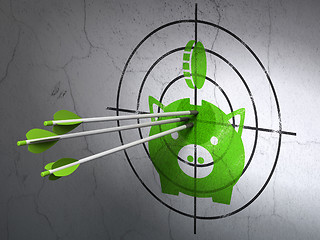 Image showing Banking concept: arrows in Money Box With Coin target on wall background