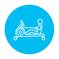 Image showing Man exercising with gym apparatus line icon.