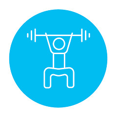 Image showing Man exercising with barbell line icon.