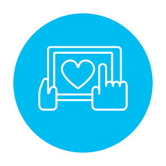 Image showing Hands holding tablet with heart sign line icon.