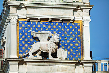 Image showing Winged lion on facede of the bell tower at San Marco square in V