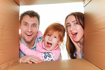 Image showing Family in a cardboard box ready for moving house