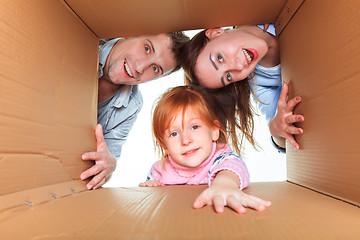Image showing Family in a cardboard box ready for moving house