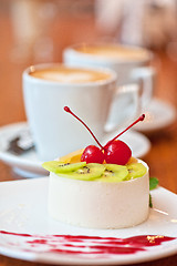 Image showing tasty fruit dessert with cherry and kiwi