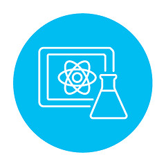 Image showing Atom sign drawn on board and flask line icon.