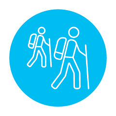 Image showing Tourist backpackers line icon.