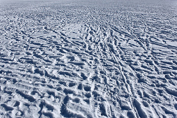 Image showing Footprints on snowy surface of frozen pond